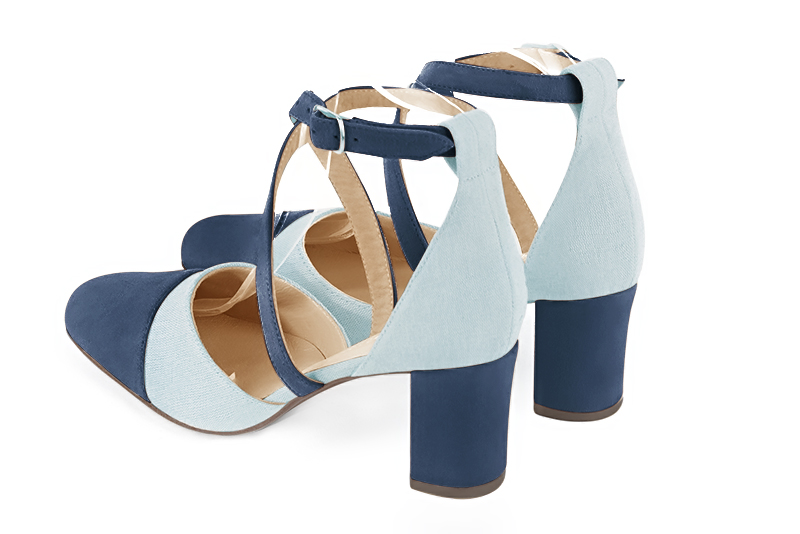 Denim blue women's open side shoes, with crossed straps. Round toe. Medium block heels. Rear view - Florence KOOIJMAN